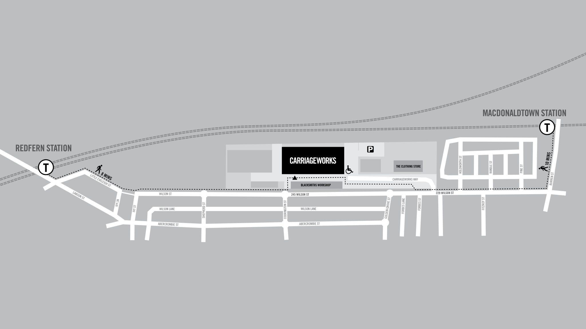 Map of directions to Carriageworks