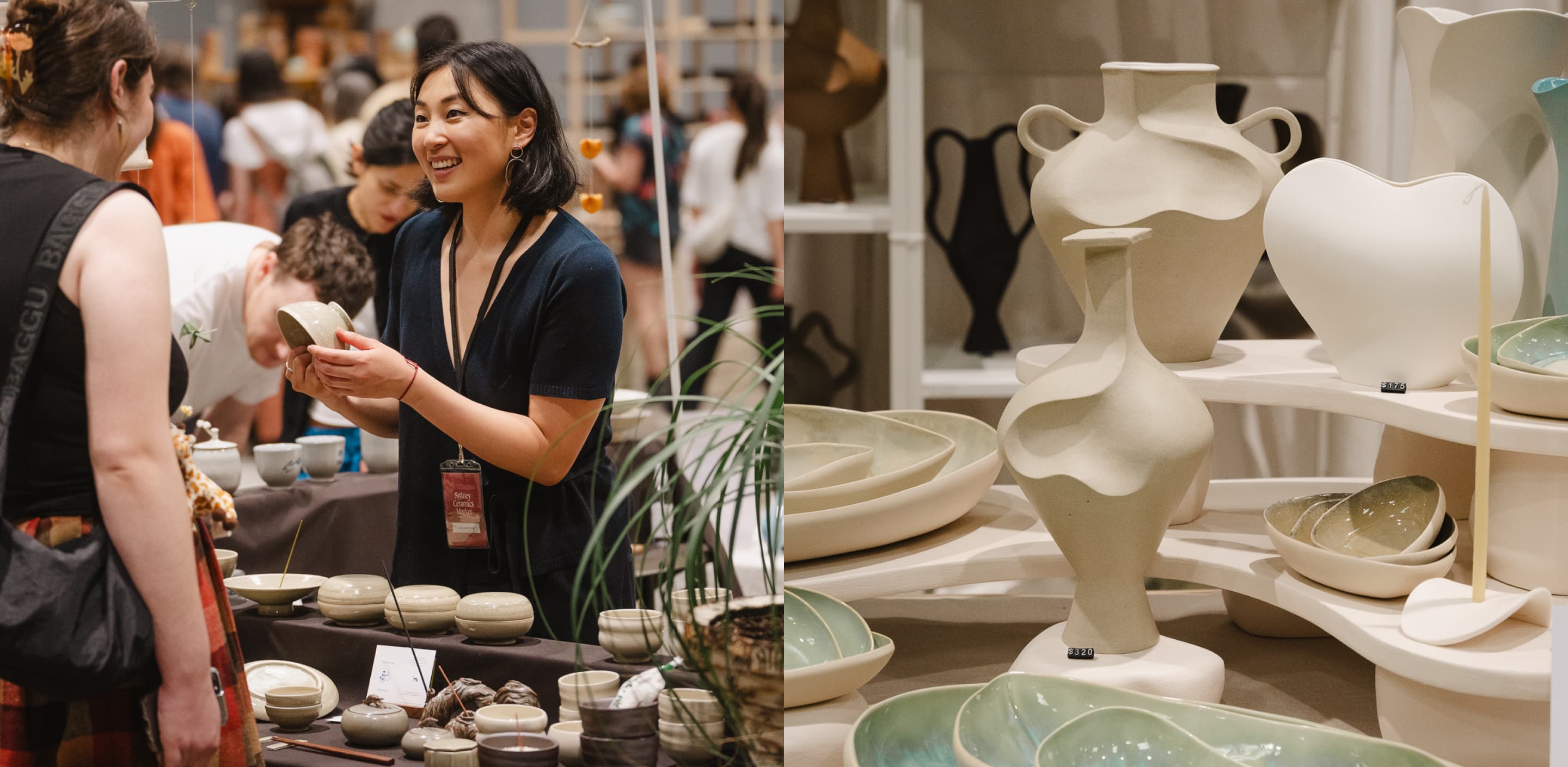 Sculptural ceramic works of Albatross Ceramic and ceramic vases with earthy hand-painted details by Trade The Markon display at Sydney Ceramics Market 2023, photos: Amy Piddington.