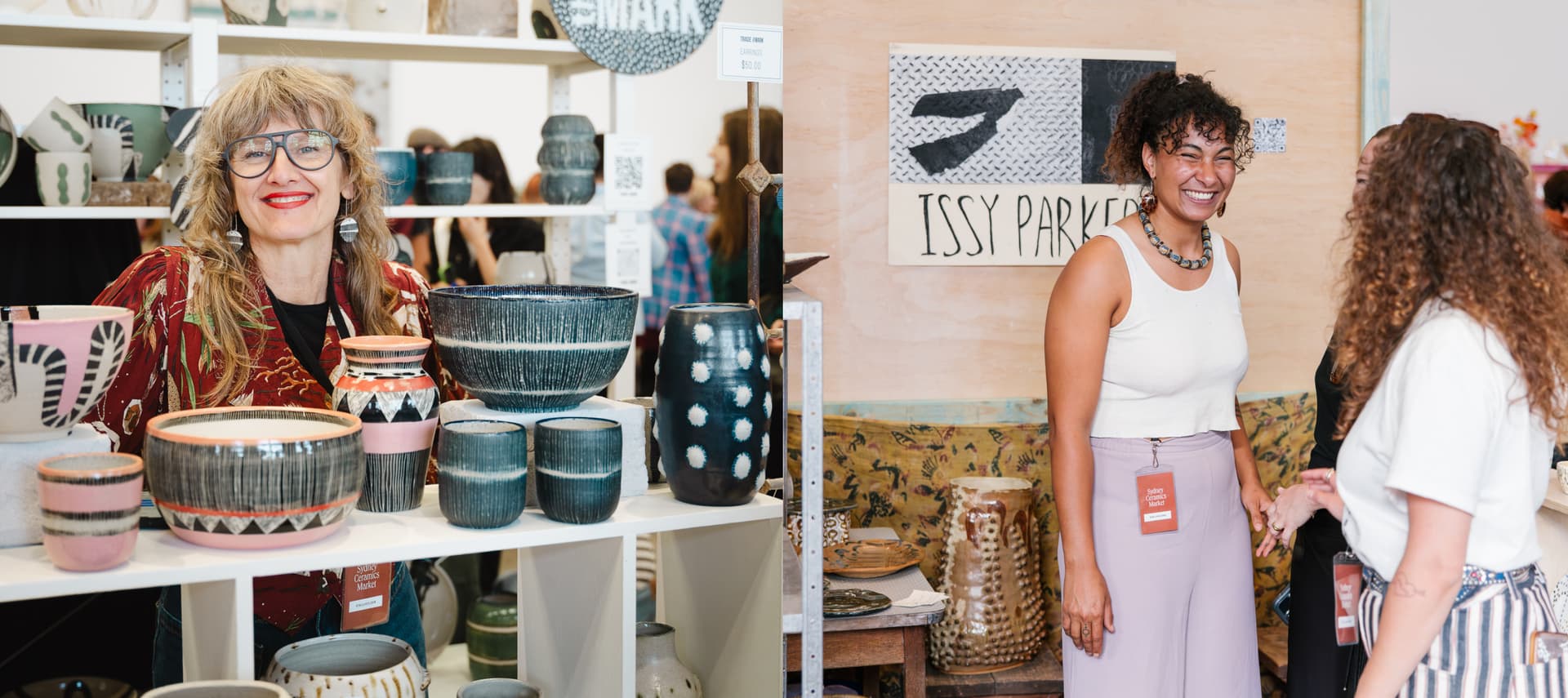 Sculptural ceramic works of Albatross Ceramic and ceramic vases with earthy hand-painted details by Trade The Markon display at Sydney Ceramics Market 2023, photos: Amy Piddington.