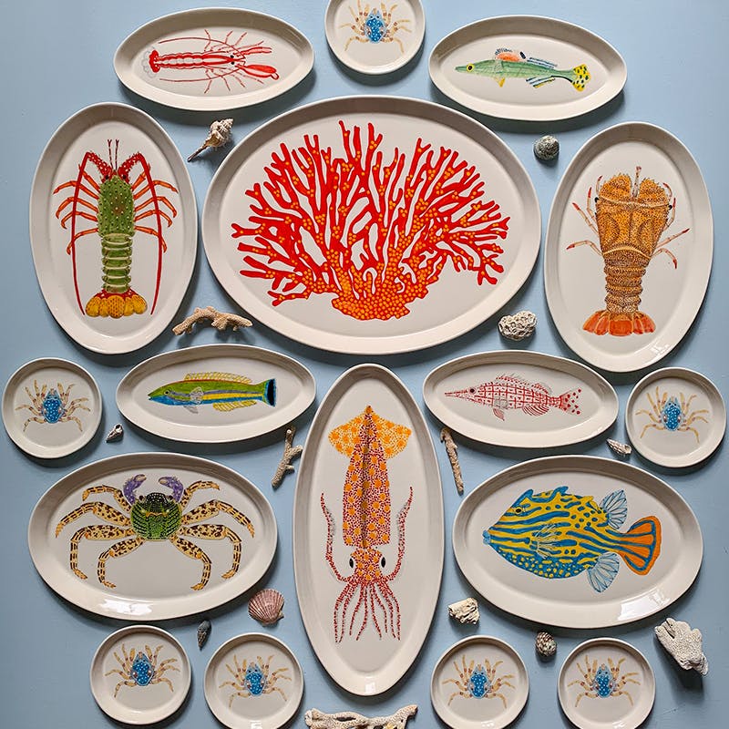 Ceramic plates hand-painted with sea creatures by Casa Adams Fine Wares, photo courtesy of the artist