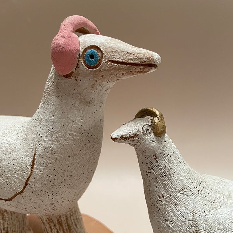 Ceramic bird sculptures by Ginny Lagos of catbirddog ceramics, photo courtesy of the artist.