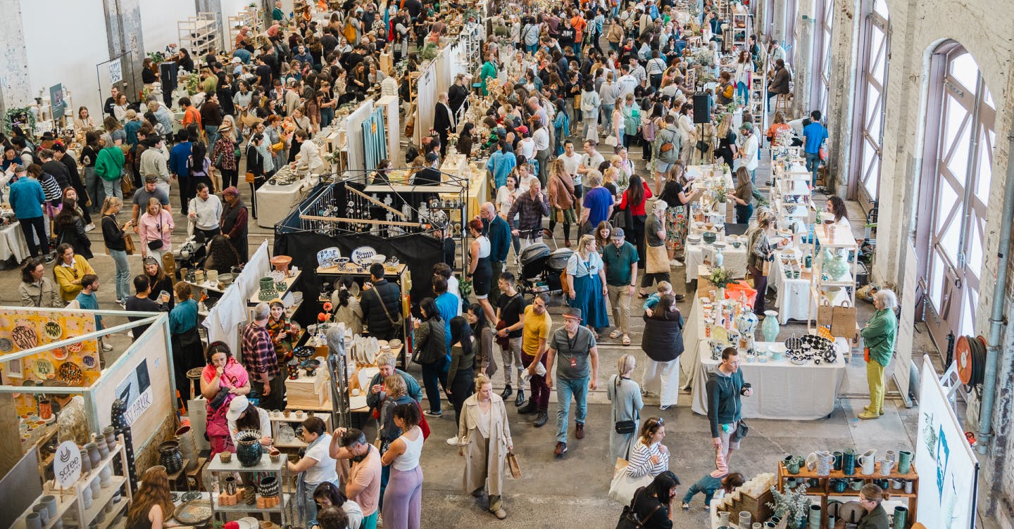Patrons wander the stalls at Sydney Ceramics Market 2023 hosted at Carriageworks, photo: Amy Piddington.