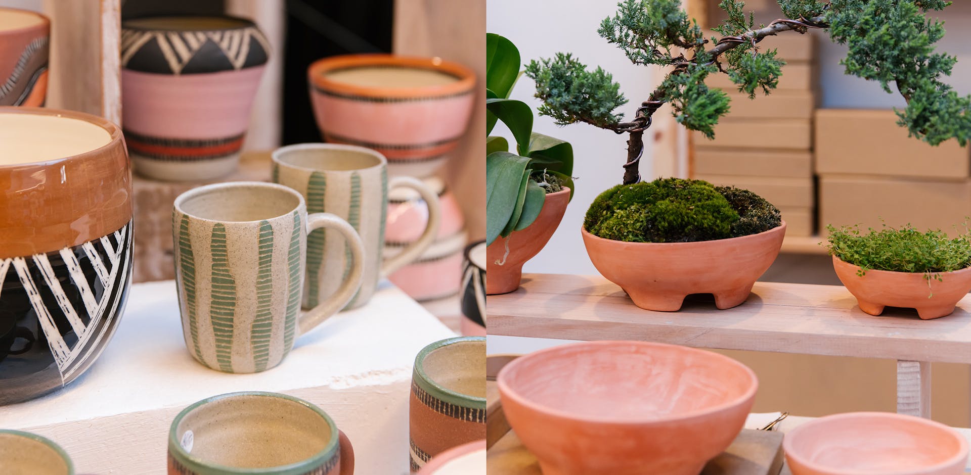 Ceramic mugs with scraffito illustration surrounded by colourful pots and vases, all by Sydney ceramicist Trade the Mark, photo: Samee Lapham. Handmade terracotta ceramic planters by Sydney ceramicist Mennt, photo: Samee Lapham.