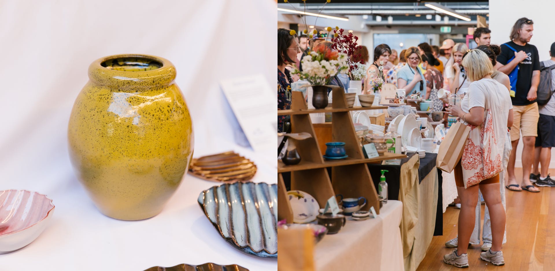 Two images showing a close-up of a coloured ceramic vase and a group of people inspecting ceramic products at Sydney Ceramics Market 2022.
